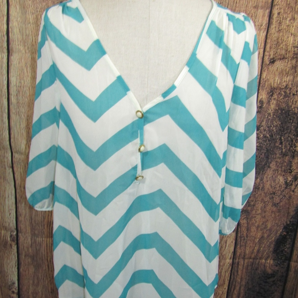 Francesca's Buttons Sheer Chevron Print Blouse M